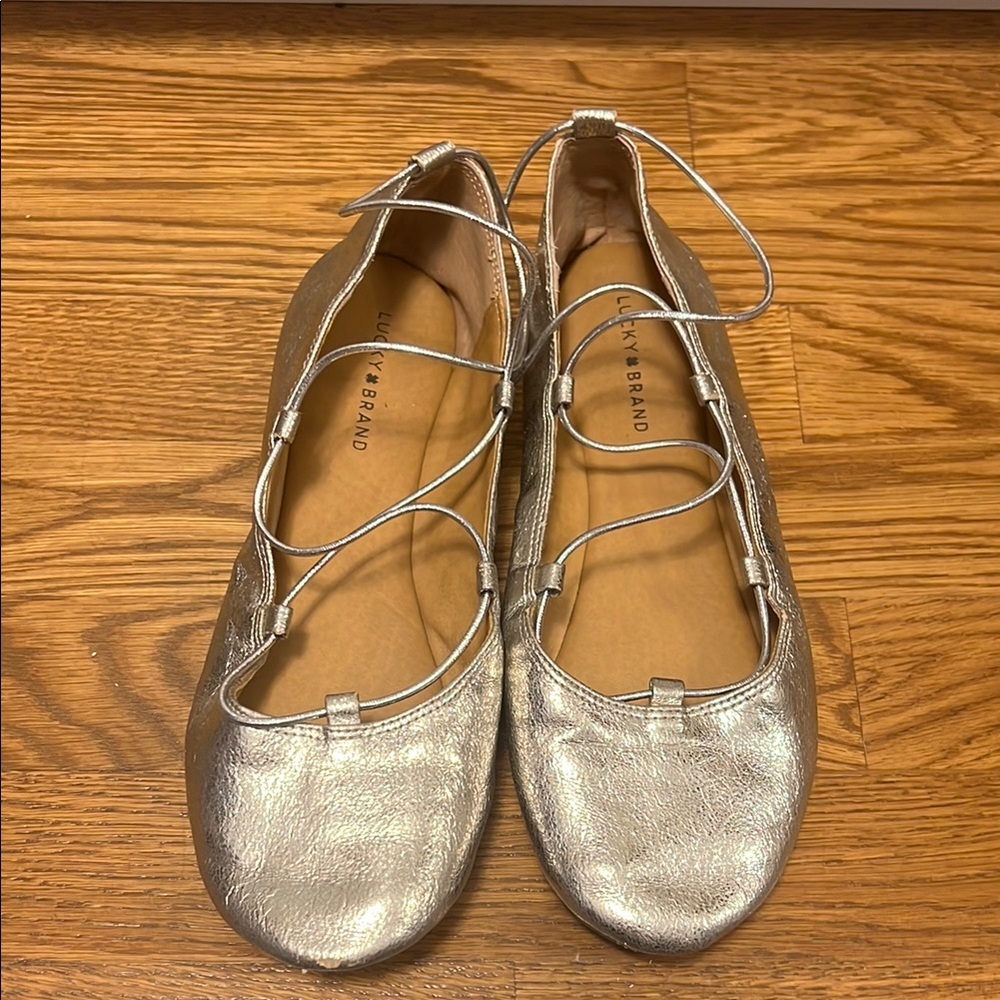 Lucky Brand Silver Ballet Flats with Lace-Up Design